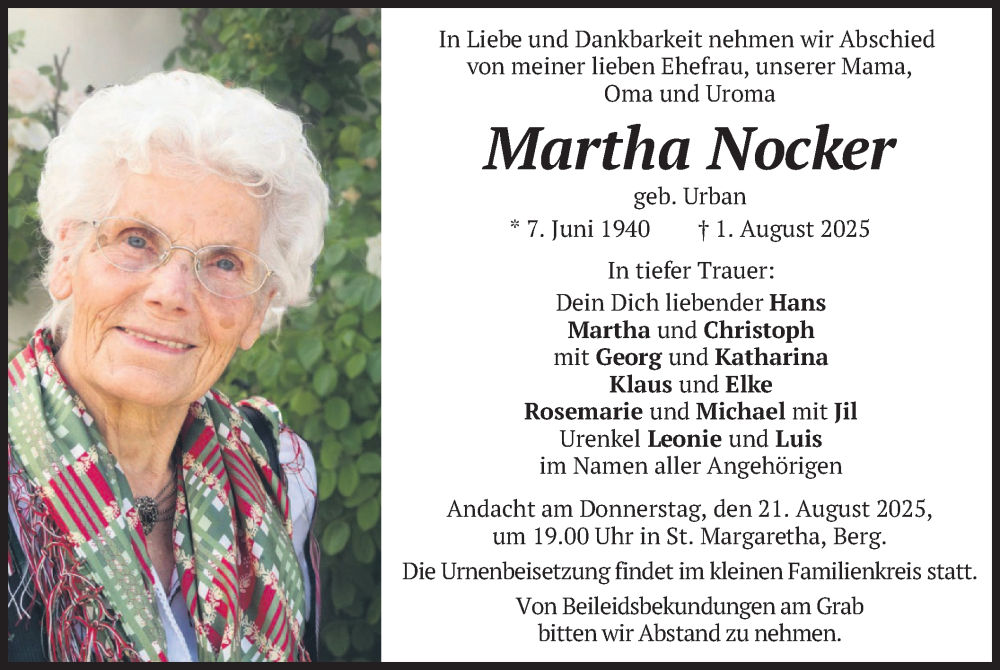  Traueranzeige für Martha Nocker vom 16.08.2025 aus merkurtz