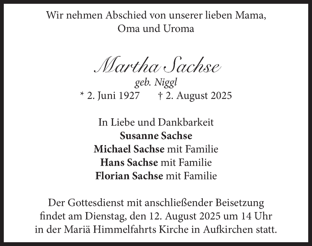  Traueranzeige für Martha Sachse vom 09.08.2025 aus merkurtz
