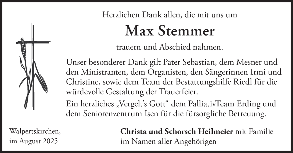  Traueranzeige für Max Stemmer vom 02.08.2025 aus merkurtz