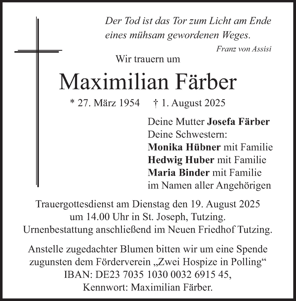  Traueranzeige für Maximilian Färber vom 09.08.2025 aus merkurtz
