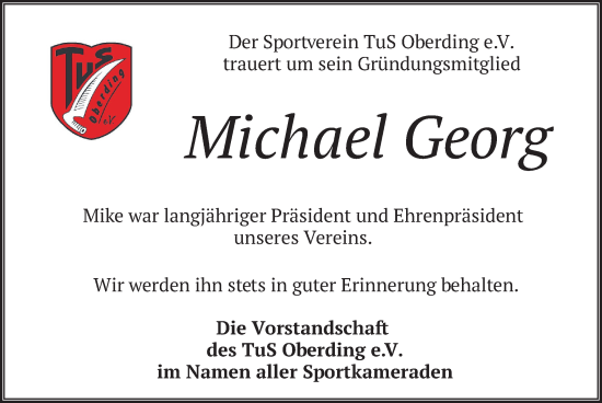 Traueranzeige von Michael Georg von merkurtz