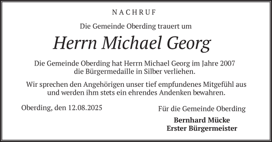 Traueranzeige von Michael Georg von merkurtz