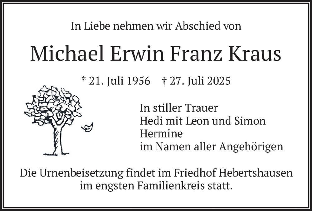  Traueranzeige für Michael Erwin Franz Kraus vom 09.08.2025 aus merkurtz