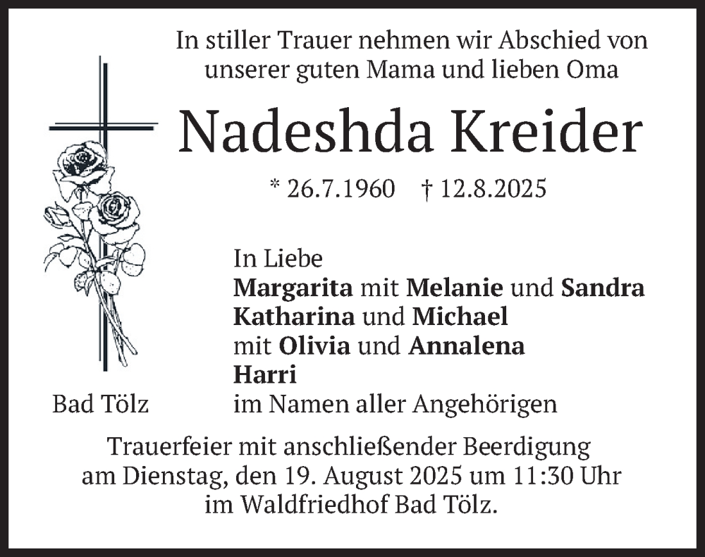  Traueranzeige für Nadeshda Kreider vom 16.08.2025 aus merkurtz