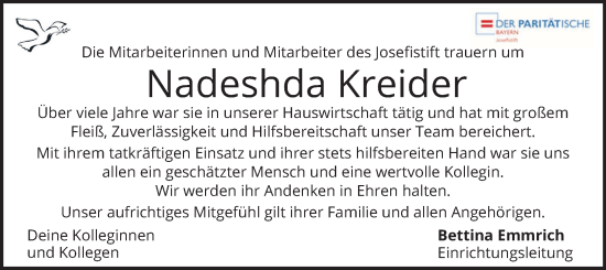 Traueranzeige von Nadeshda Kreider von merkurtz