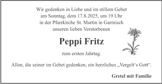 Traueranzeige von Peppi Fritz von merkurtz