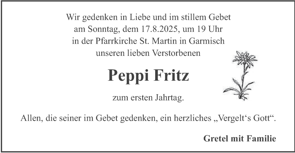  Traueranzeige für Peppi Fritz vom 16.08.2025 aus merkurtz