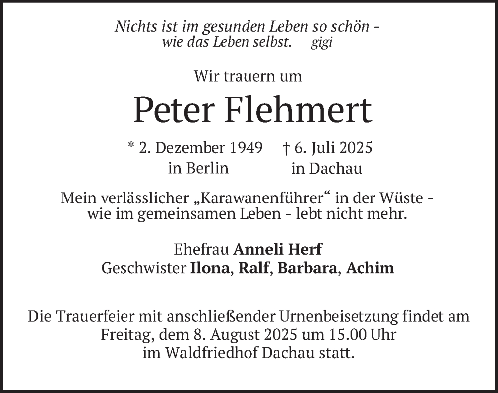  Traueranzeige für Peter Flehmert vom 02.08.2025 aus merkurtz