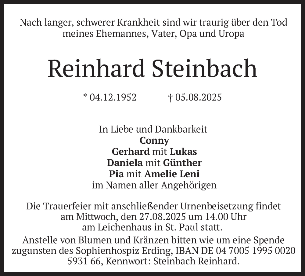  Traueranzeige für Reinhard Steinbach vom 23.08.2025 aus merkurtz