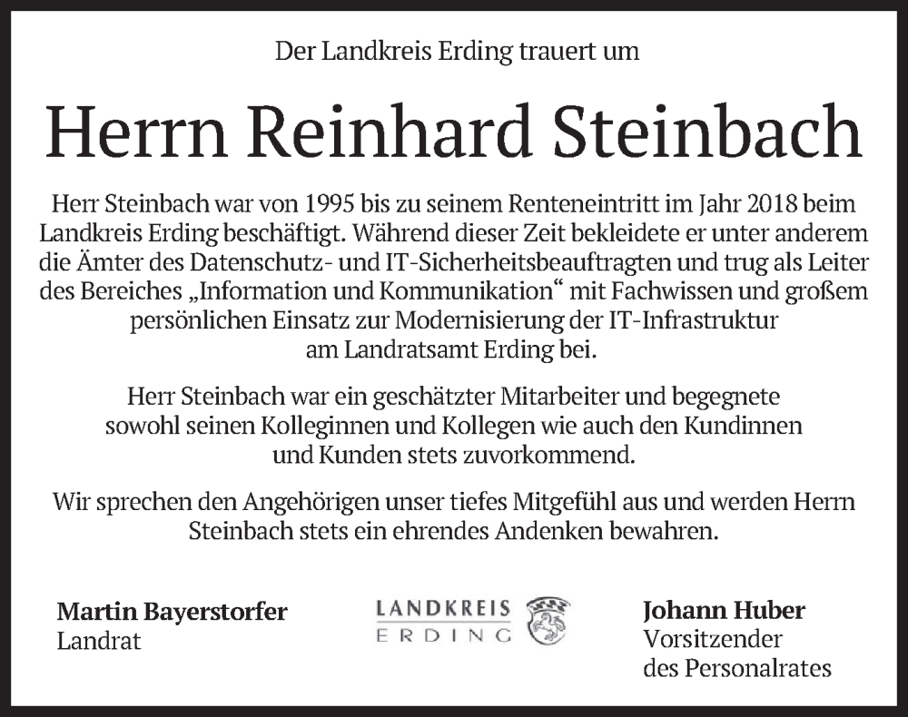  Traueranzeige für Reinhard Steinbach vom 27.08.2025 aus merkurtz