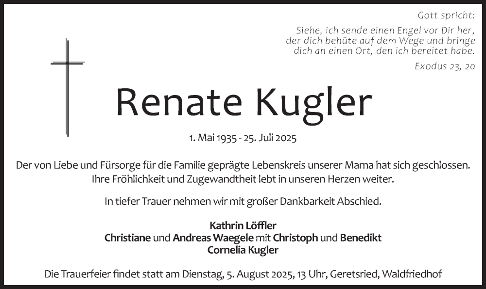  Traueranzeige für Renate Kugler vom 02.08.2025 aus merkurtz