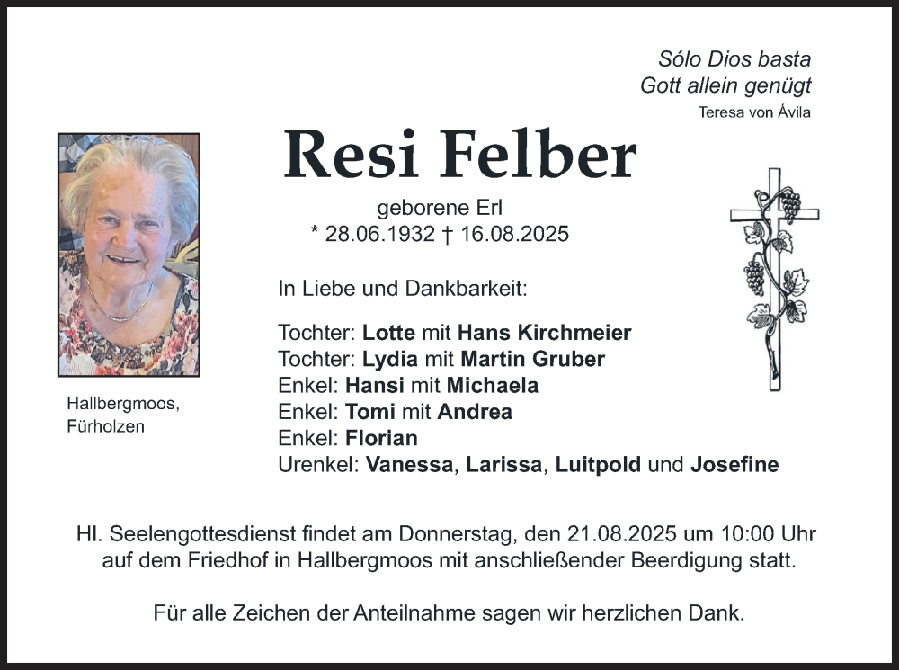  Traueranzeige für Resi Felber vom 19.08.2025 aus merkurtz