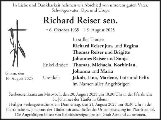 Traueranzeige von Richard Reiser von merkurtz