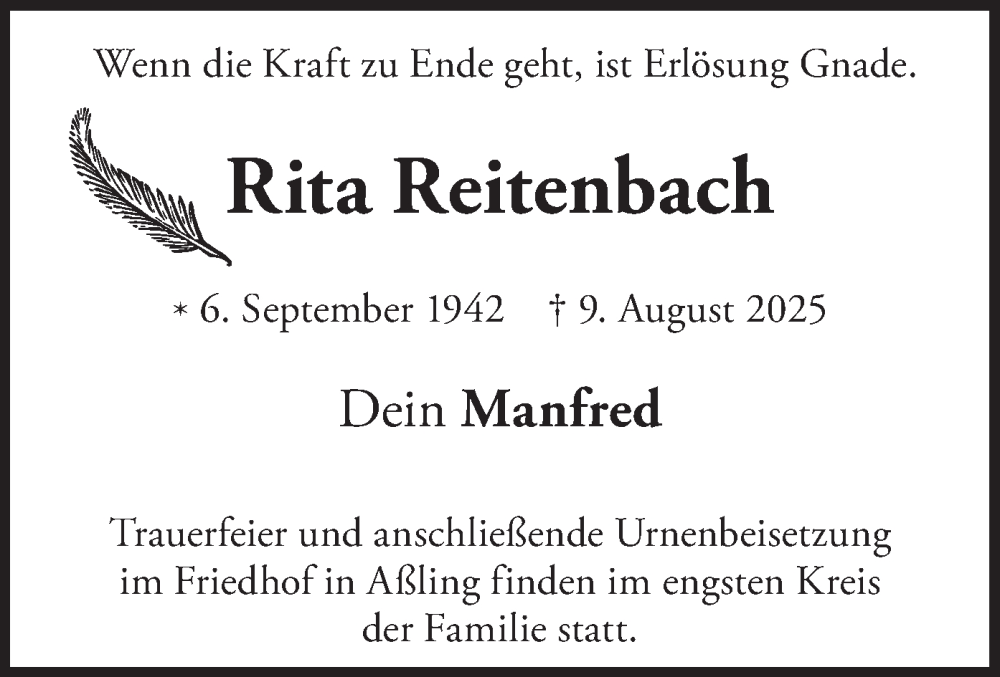  Traueranzeige für Rita Reitenbach vom 23.08.2025 aus merkurtz