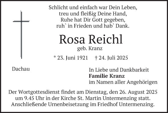 Traueranzeige von Rosa Reichl von merkurtz