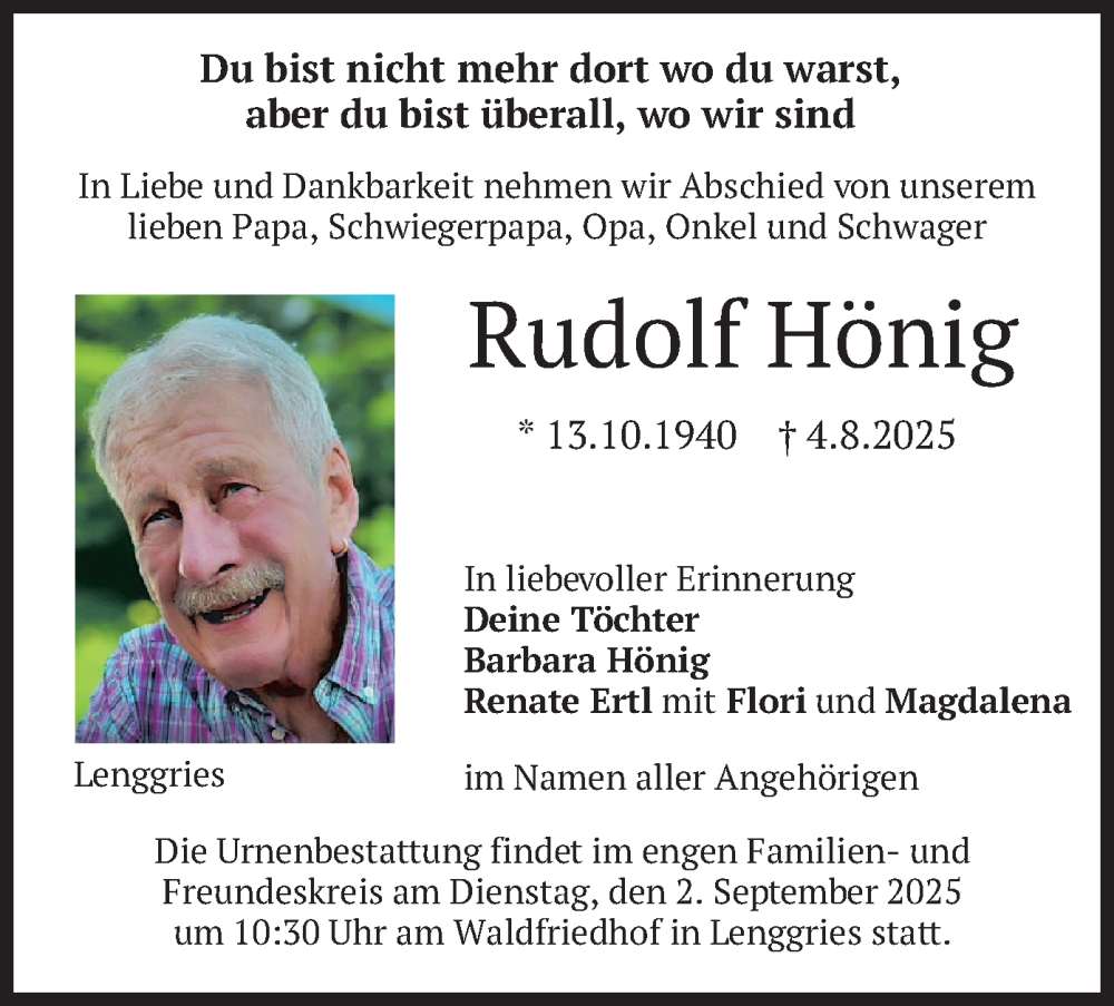  Traueranzeige für Rudolf Hönig vom 30.08.2025 aus merkurtz