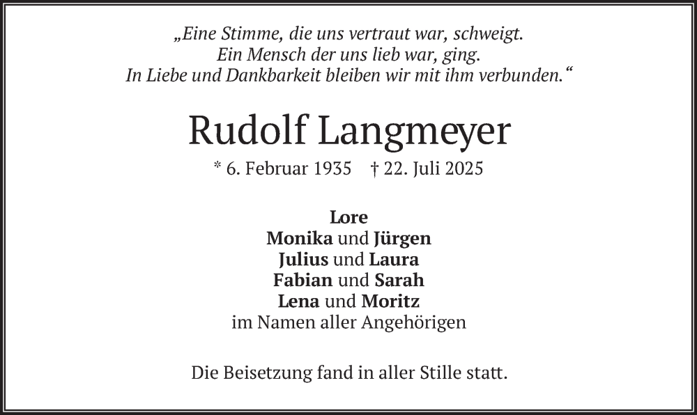  Traueranzeige für Rudolf Langmeyer vom 16.08.2025 aus merkurtz