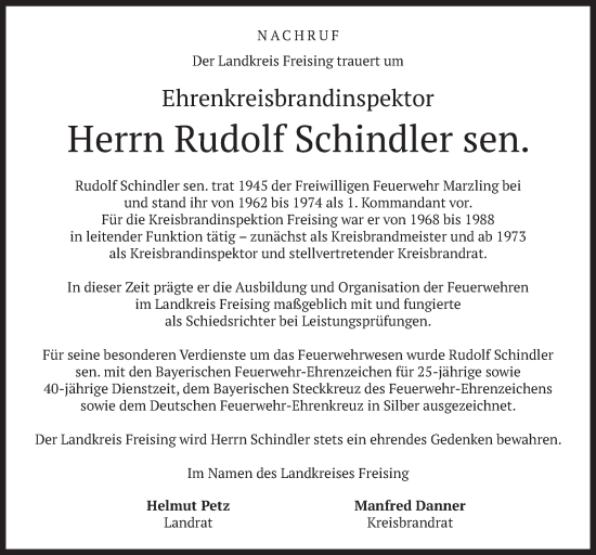 Traueranzeige von Rudolf Schindler von merkurtz