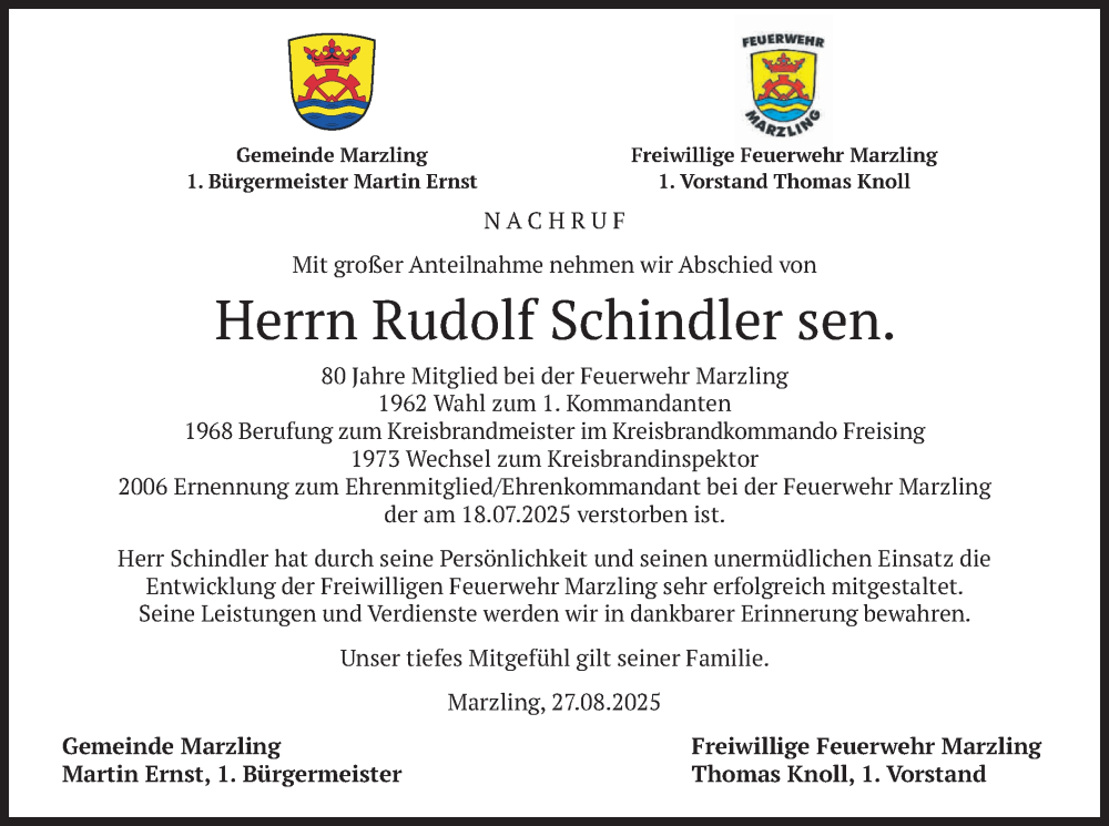  Traueranzeige für Rudolf Schindler vom 27.08.2025 aus merkurtz