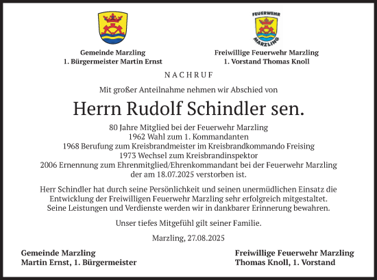 Traueranzeige von Rudolf Schindler von merkurtz