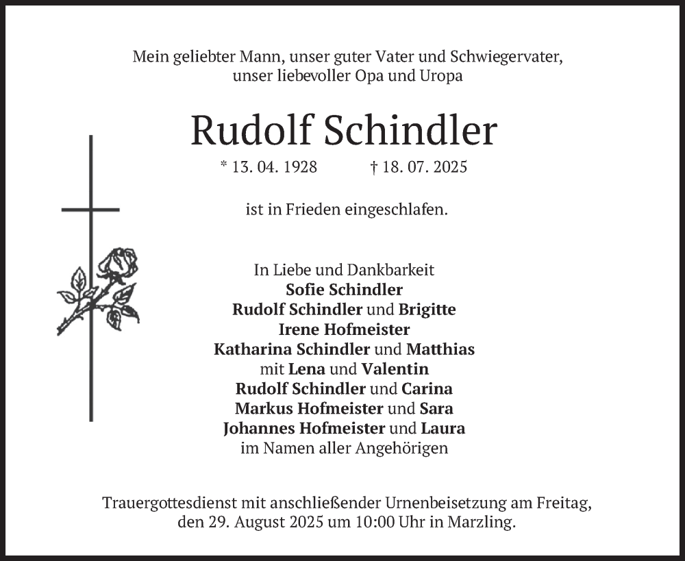  Traueranzeige für Rudolf Schindler vom 23.08.2025 aus merkurtz