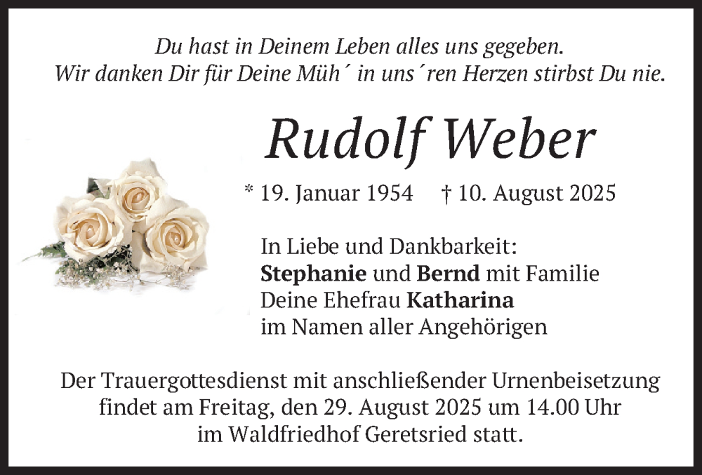  Traueranzeige für Rudolf Weber vom 23.08.2025 aus merkurtz