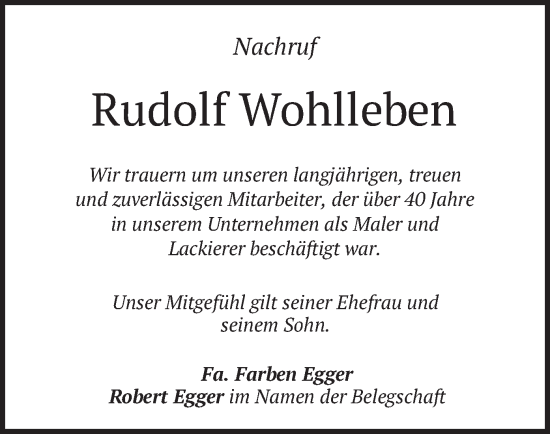 Traueranzeige von Rudolf Wohlleben von merkurtz