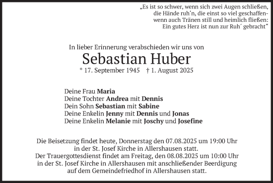 Traueranzeige von Sebastian Huber von merkurtz