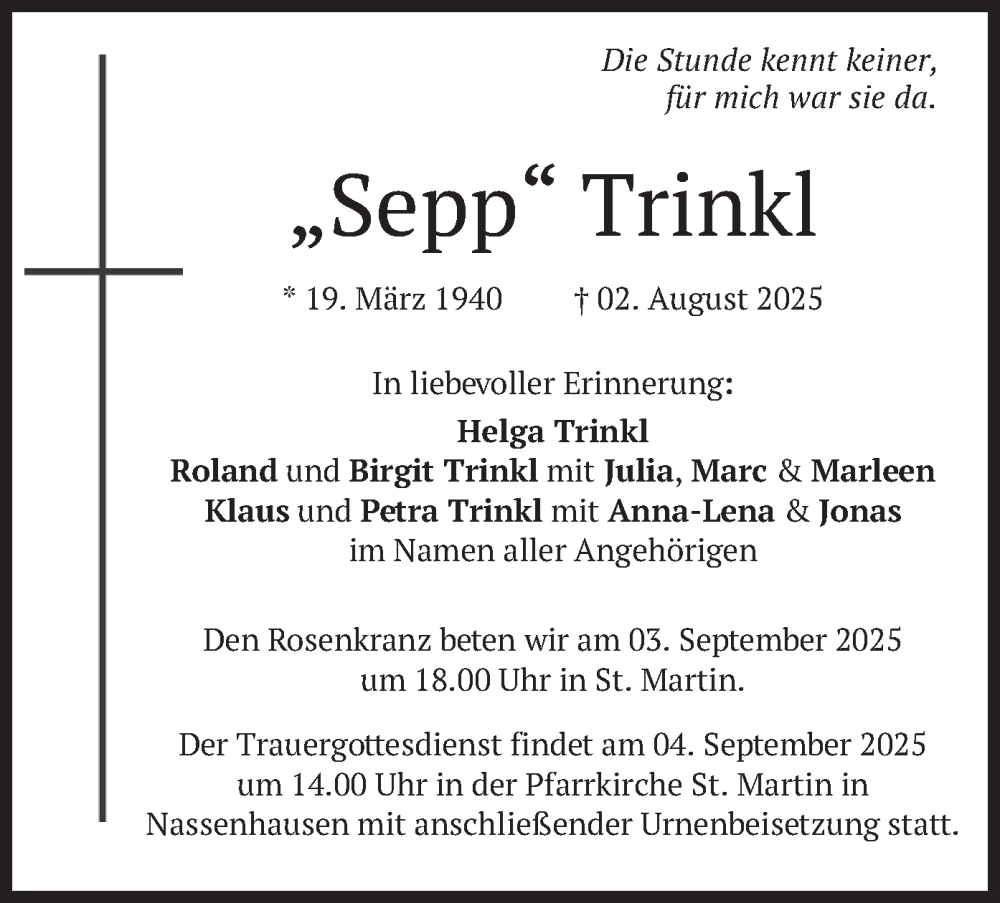  Traueranzeige für Sepp Trinkl vom 30.08.2025 aus merkurtz