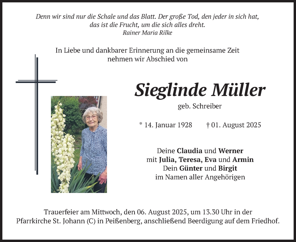  Traueranzeige für Sieglinde Müller vom 05.08.2025 aus merkurtz