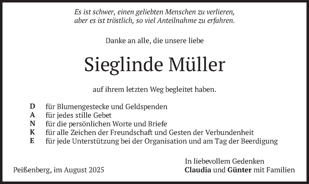  Traueranzeige für Sieglinde Müller vom 23.08.2025 aus merkurtz