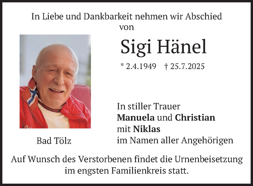  Traueranzeige für Sigi Hänel vom 01.08.2025 aus merkurtz