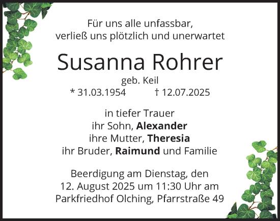 Traueranzeige von Susanna Rohrer von merkurtz