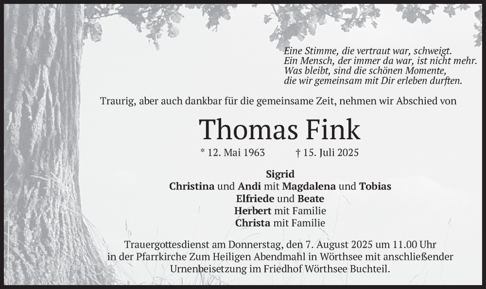  Traueranzeige für Thomas Fink vom 02.08.2025 aus merkurtz
