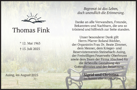 Traueranzeige von Thomas Fink von merkurtz