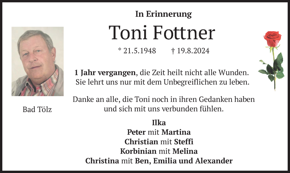  Traueranzeige für Toni Fottner vom 19.08.2025 aus merkurtz