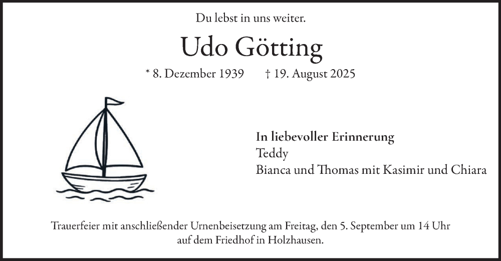  Traueranzeige für Udo Götting vom 30.08.2025 aus merkurtz