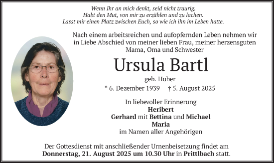 Traueranzeige von Ursula Bartl von merkurtz