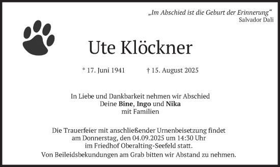 Traueranzeige von Ute Klöckner von merkurtz