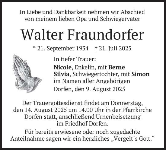 Traueranzeige von Walter Fraundorfer von merkurtz