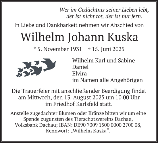 Traueranzeige von Wilhelm Johann Kuska von merkurtz