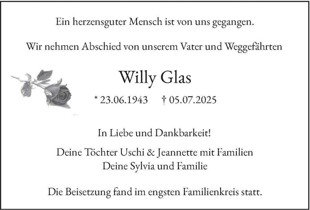  Traueranzeige für Willy Glas vom 09.08.2025 aus merkurtz