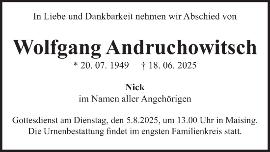Traueranzeige von Wolfgang Andruchowitsch von merkurtz