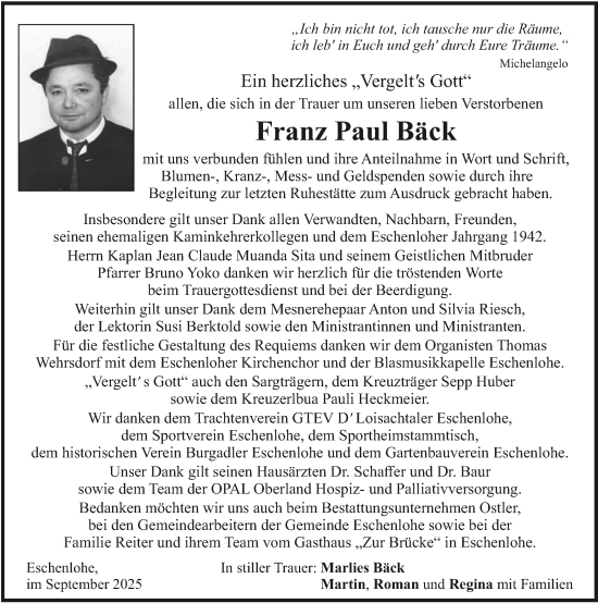 Traueranzeige von Franz Paul Bäck 