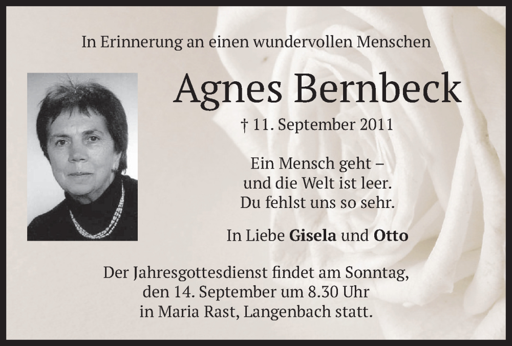  Traueranzeige für Agnes Bernbeck vom 11.09.2025 aus merkurtz