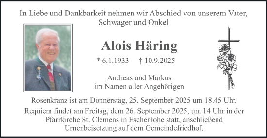 Traueranzeige von Alois Häring von merkurtz