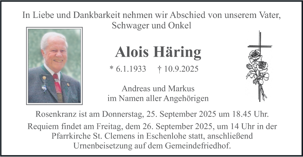  Traueranzeige für Alois Häring vom 20.09.2025 aus merkurtz