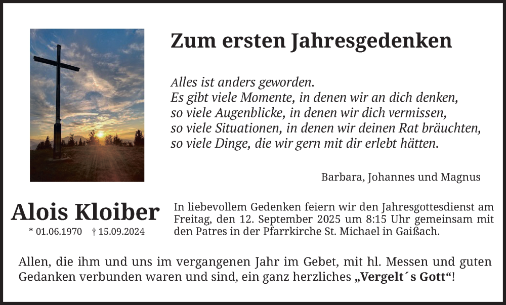  Traueranzeige für Alois Kloiber vom 10.09.2025 aus merkurtz
