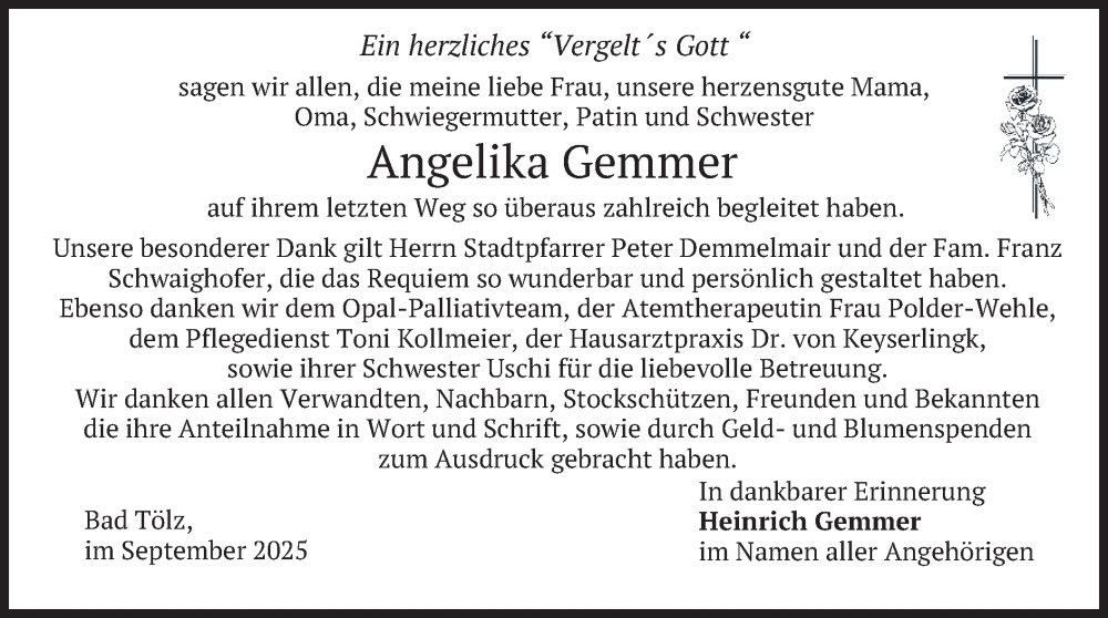  Traueranzeige für Angelika Gemmer vom 06.09.2025 aus merkurtz