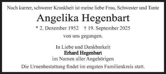 Traueranzeige von Angelika Hegenbart von merkurtz